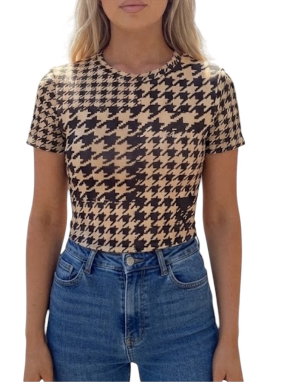 SHEIN Privé Houndstooth Print Round Neck Tee size XS NWT